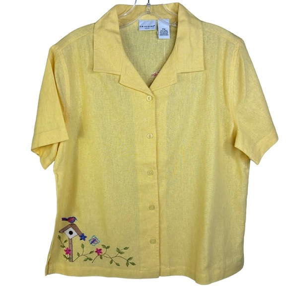 Kim Rogers Yellow Linen Blend Button Down Crop Shirt Embroidered Birds Medium P - Picture 1 of 9